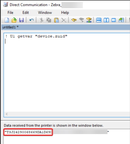 A screenshot of a Zebra printer communication tool displaying the same command ! U1 getvar "device.zuid" executed, but with a response showing a different ZUID: T3JZ42900E6E9DA1D691