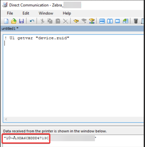 A screenshot of a Zebra printer communication tool displaying a command ! U1 getvar "device.zuid" executed, with a response showing the device ZUID as *ïð~3DA6CBDDD4713C