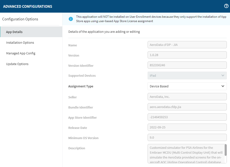 The advanced app configuration for an iOS application displaying a negative integer value for the App Store Identifier field.