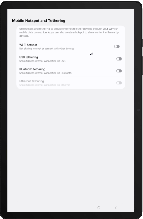 Mobile hotspot and tethering options under settings.
