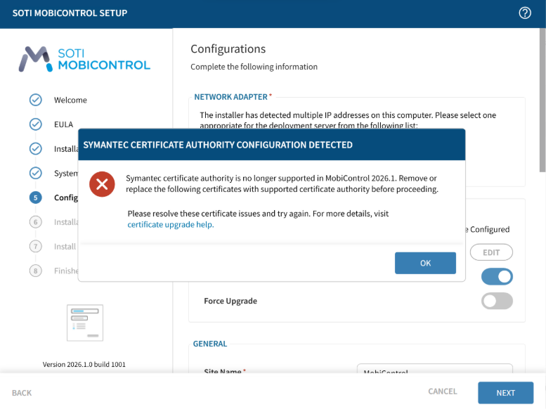 Exception shown in the installer indicating references to Semantic CA configuration