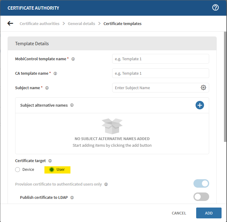 AD CS Certificate Authority with certificate target set to ‘User’
