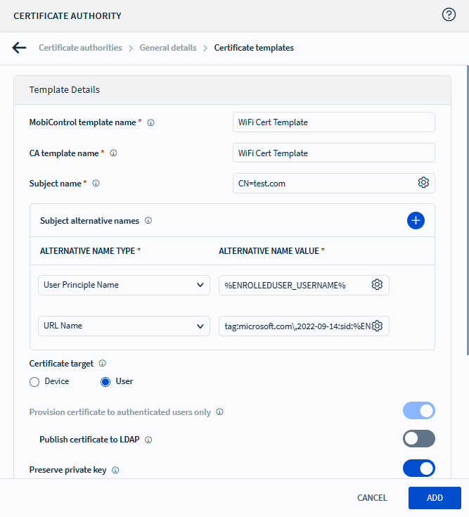 Certificate authority template.