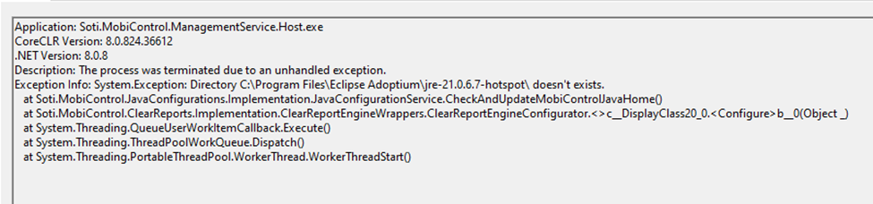 Event viewer log showing service crash.