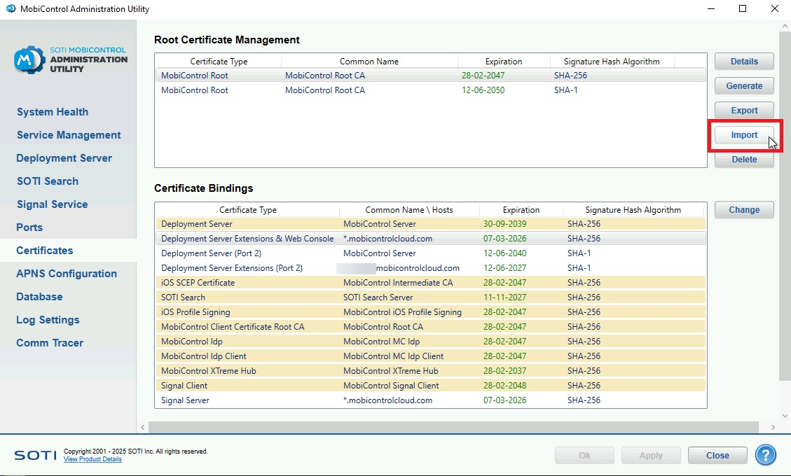 MobiControl Admin Utility Certificates section.