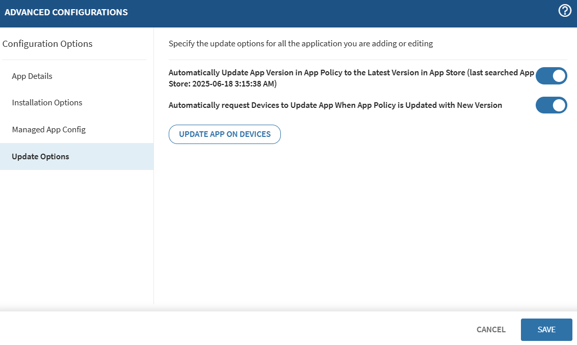 Update this application on all devices targeted by this App Policy regardless of version option