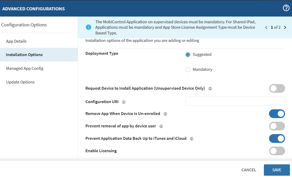Installation options under application policy.