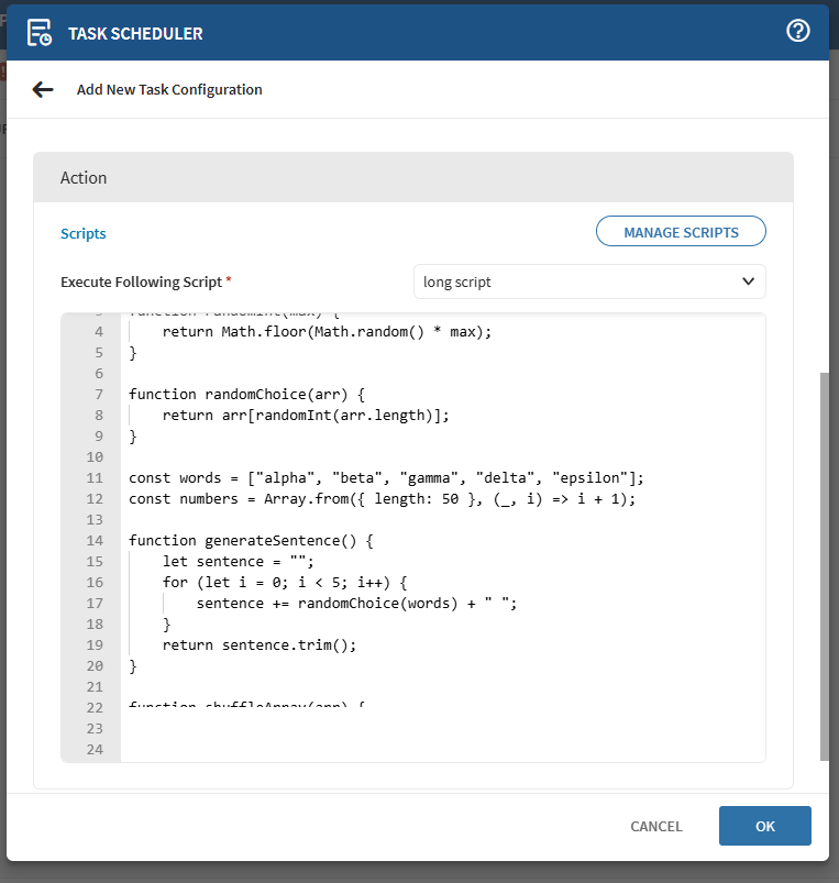 Script editor in a task scheduler profile with an overlapping white screen.