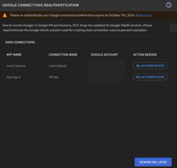  Google Connections Reauthentication dialog box