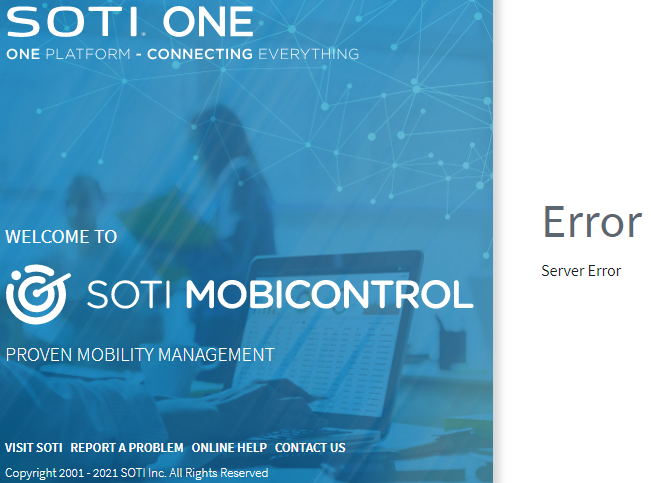 The error message displayed on the MobiControl Login Screen