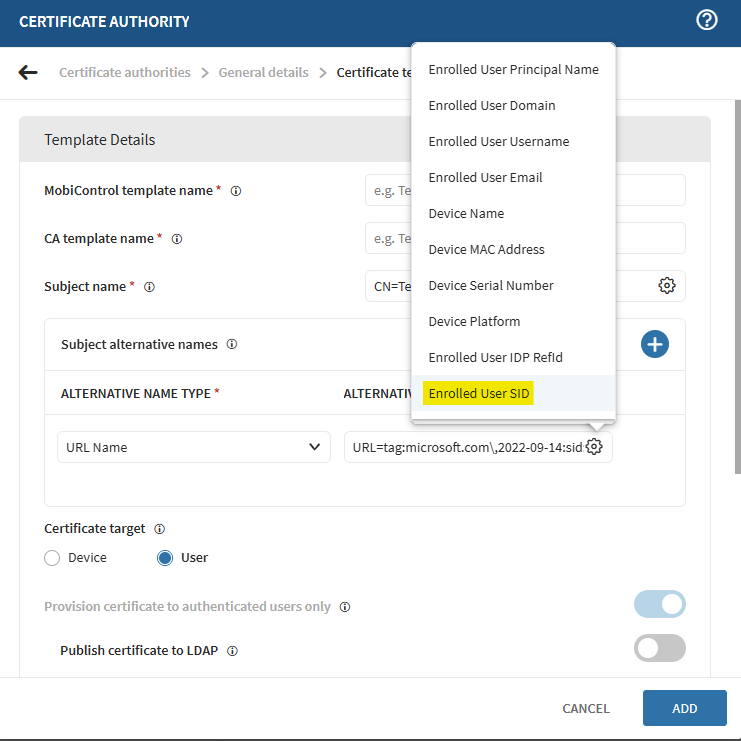 Choose the %ENROLLED_USER_SID% macro from the dropdown menu