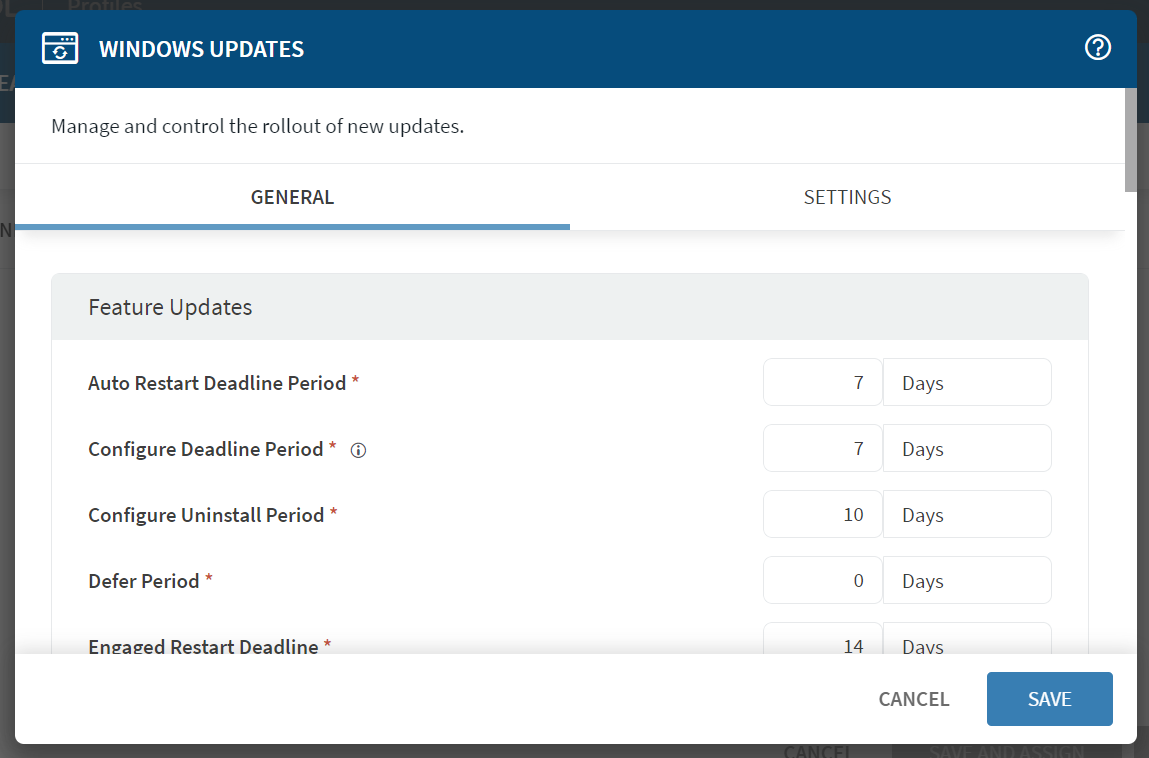 Windows Updates General tab