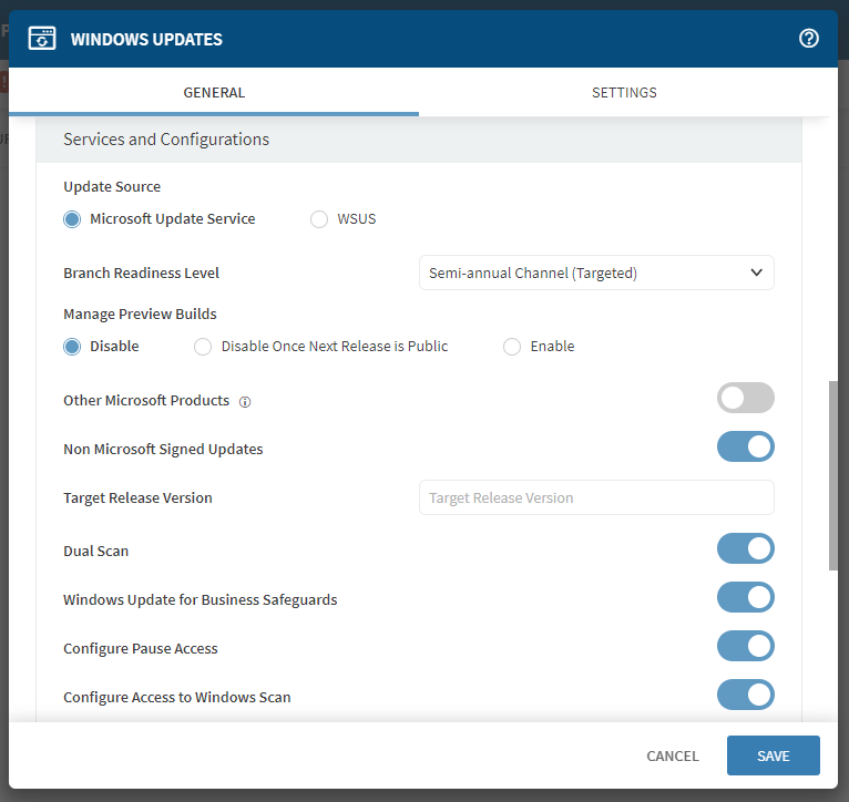 Windows Updates General tab Services and Configurations section